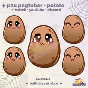May include: A collection of brown potato-shaped cartoon characters with kawaii-style faces. The potatoes have large eyes with heart-shaped pupils, rosy cheeks, and smiling mouths. Text at the top reads "p2u pngtuber - potato" with social media platform names. The image is 1440x1440 pixels.