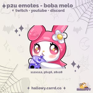 Premade Twitch Emote - Bubble Tea Melo Cute Emote for Streamers and Discord - P2U - Instant Download - Pink Bunny Emote - Melo Emote