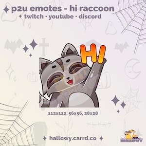 Premade Twitch Emote – Hi Raccoon Cute Emote for Streamers and Discord - P2U - Instant Download - Kawaii Raccoon - Vtuber Emotes