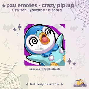 Pode incluir: Imagem de desenho animado de um personagem Piplup com uma expressão tonta, em um fundo roxo e branco. A imagem inclui o texto "p2u emotes - crazy piplup" e "twitch, youtube, discord". A imagem está disponível nos tamanhos 112x112, 56x56 e 28x28.