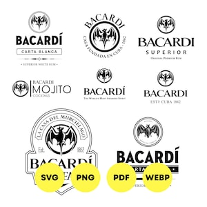 Rum Bacardi 8 Emblem & Logo SVG Bundle. Rum Logo Bundle set SVG, Png, WebP, Pdf. Rum Label Sign SVG. Bacardi bat svg. Bottle Labels.