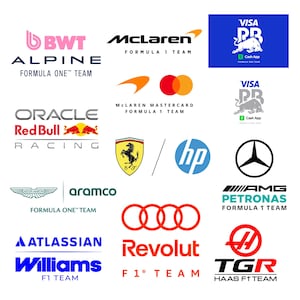 Puede incluir: Una colección de logotipos de equipos y patrocinadores de Fórmula 1, incluidos McLaren, Red Bull Racing y Aston Martin. Los logotipos presentan varios colores y diseños, como el emblema de Ferrari y el logotipo de Visa Cash App.