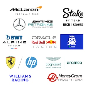 May include: A collection of Formula 1 team logos, including McLaren, Mercedes-AMG Petronas, Oracle Red Bull Racing, and others. The logos are in various colors and designs, representing different racing teams and sponsors.