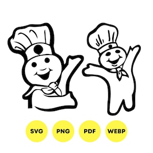May include: A black and white graphic illustration featuring two dough-based characters wearing chef hats and neckerchiefs, with one character waving and the other with arms raised. Below the characters are four yellow circles labeled SVG, PNG, PDF, and WEBP.