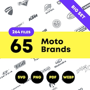 May include: A yellow and black graphic with the text "65 Moto Brands" and "264 Files". The graphic is surrounded by a white background with a variety of motorcycle logos in grey. The logos include brands such as Ducati, Triumph, KTM, and Mahindra. Below the graphic are four circles with the text "SVG", "PNG", "PDF", and "WEBP" in black text on a white background.