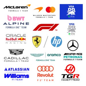 May include: A collection of Formula 1 team logos, including McLaren, Alpine, Red Bull Racing, Ferrari, Cadillac, Aston Martin, and Williams. The logos are in various colors, such as orange, pink, red, yellow, and blue, against a white background.