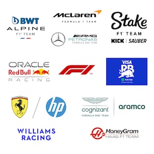 Könnte beinhalten: Logos von Formel-1-Teams, darunter Oracle Red Bull Racing, McLaren, Alpine, Aston Martin, Alfa Romeo, Haas, Williams, Ferrari, AlphaTauri, Mercedes und mehr.