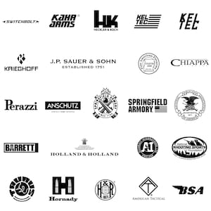 May include: A collection of black and white logos of firearms manufacturers and related organizations. Logos include "Kahr Arms," "Heckler & Koch," "Springfield Armory," "Barrett," and "Hornady," among others. The logos are displayed against a white background.