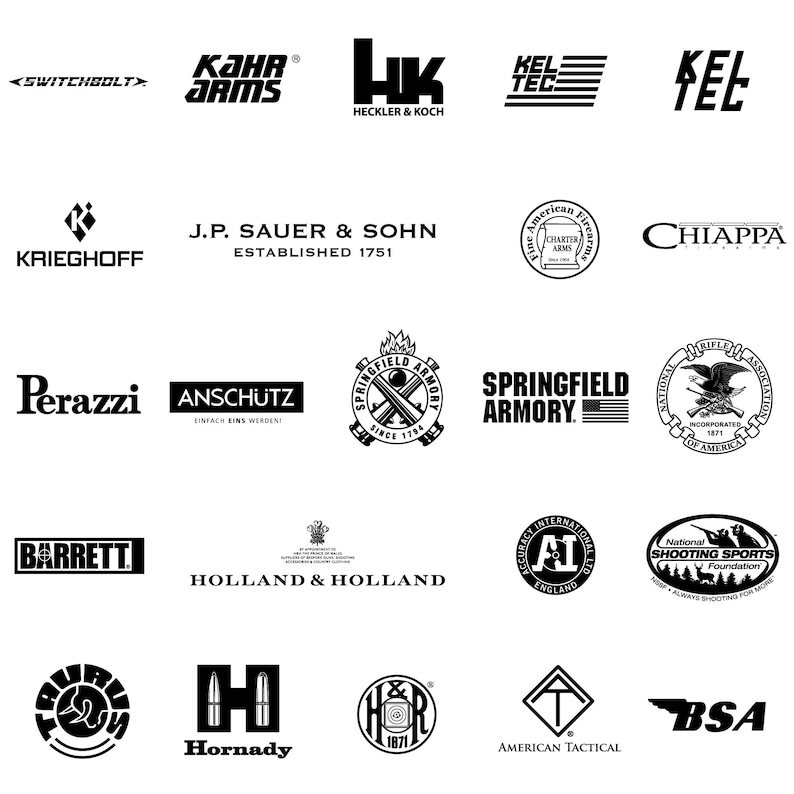 May include: A collection of black and white logos of firearms manufacturers and related organizations. Logos include "Kahr Arms," "Heckler & Koch," "Springfield Armory," "Barrett," and "Hornady," among others. The logos are displayed against a white background.