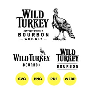 Può includere: Logo in bianco e nero per Wild Turkey Bourbon Whiskey. Il logo presenta un tacchino stilizzato con le parole "Wild Turkey" e "Bourbon" in un carattere in grassetto.