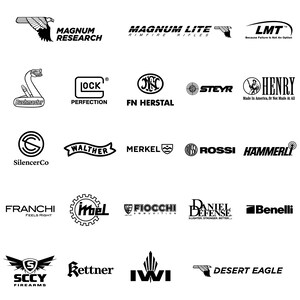 May include: A collection of black and white logos for various firearms manufacturers, including Magnum Research, Bushmaster, Glock, FN Herstal, Steyr, Henry, SilencerCo, Walther, Merkel, Rossi, and others. The logos vary in design and text.