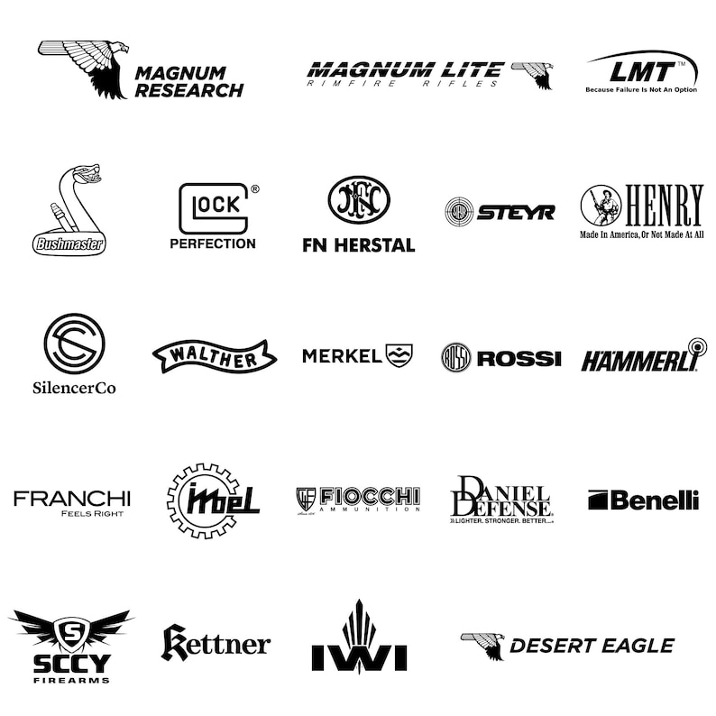 May include: A collection of black and white logos for various firearms manufacturers, including Magnum Research, Bushmaster, Glock, FN Herstal, Steyr, Henry, SilencerCo, Walther, Merkel, Rossi, and others. The logos vary in design and text.