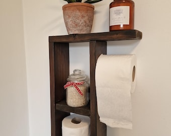 Toilettenpapierhalter mit Ablage | Rustikales Badezimmer Dekor - Handgemachtes Altholz