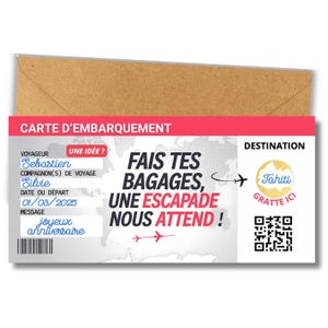 Carte d'embarquement personnalisable - Carte à gratter voyage surprise - Chèque cadeau destination surprise - Billet avion - Anniversaire...