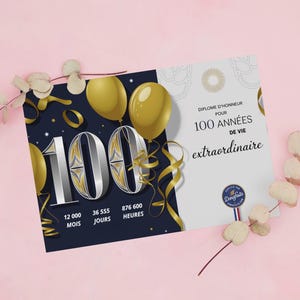 Diplôme d'Honneur "100 Années de Vie Extraordinaire" - Un Hommage Éclatant pour un Siècle de Souvenirs et d'Expériences Inoubliables