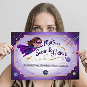 Certificat "Meilleure Sœur de l'Univers" - Cadeau unique et original pour une sœur pour différentes occasion - Anniversaires, Mariage...