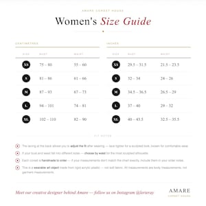 May include: A size guide chart for Amare Corset House featuring columns for bust and waist measurements in both centimetres and inches. The table lists sizes from XS to XL with corresponding numerical ranges. Fit notes are provided at the bottom.
