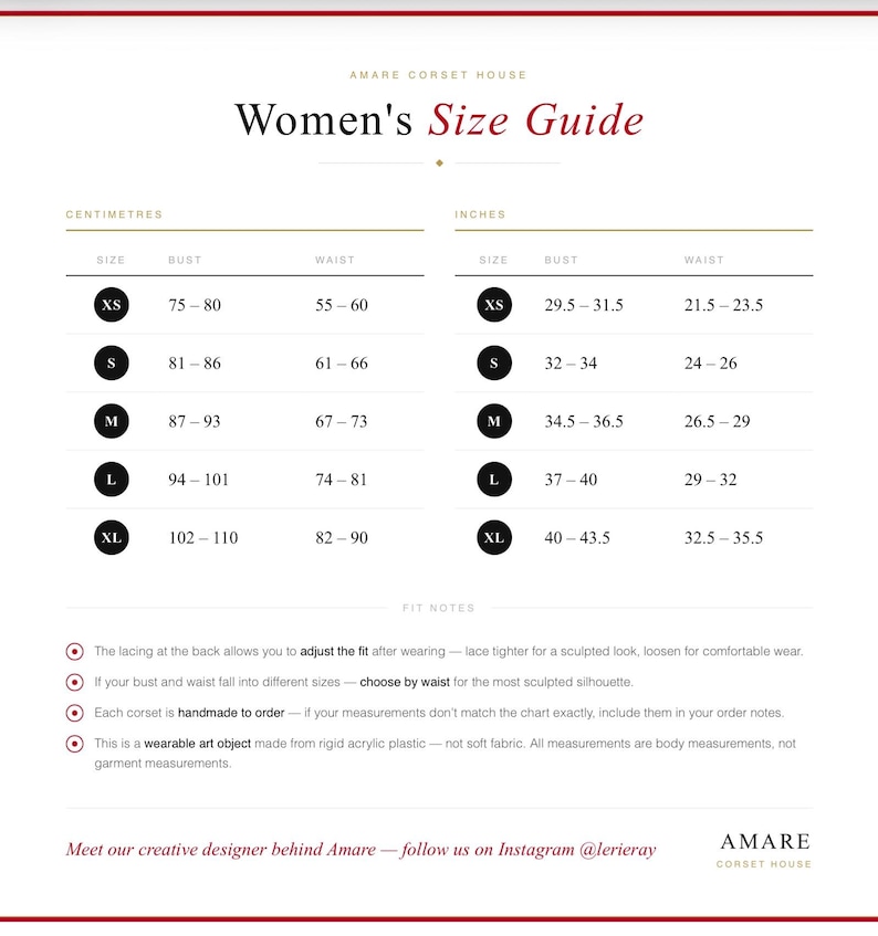 May include: A size guide chart for Amare Corset House featuring columns for bust and waist measurements in both centimetres and inches. The table lists sizes from XS to XL with corresponding numerical ranges. Fit notes are provided at the bottom.