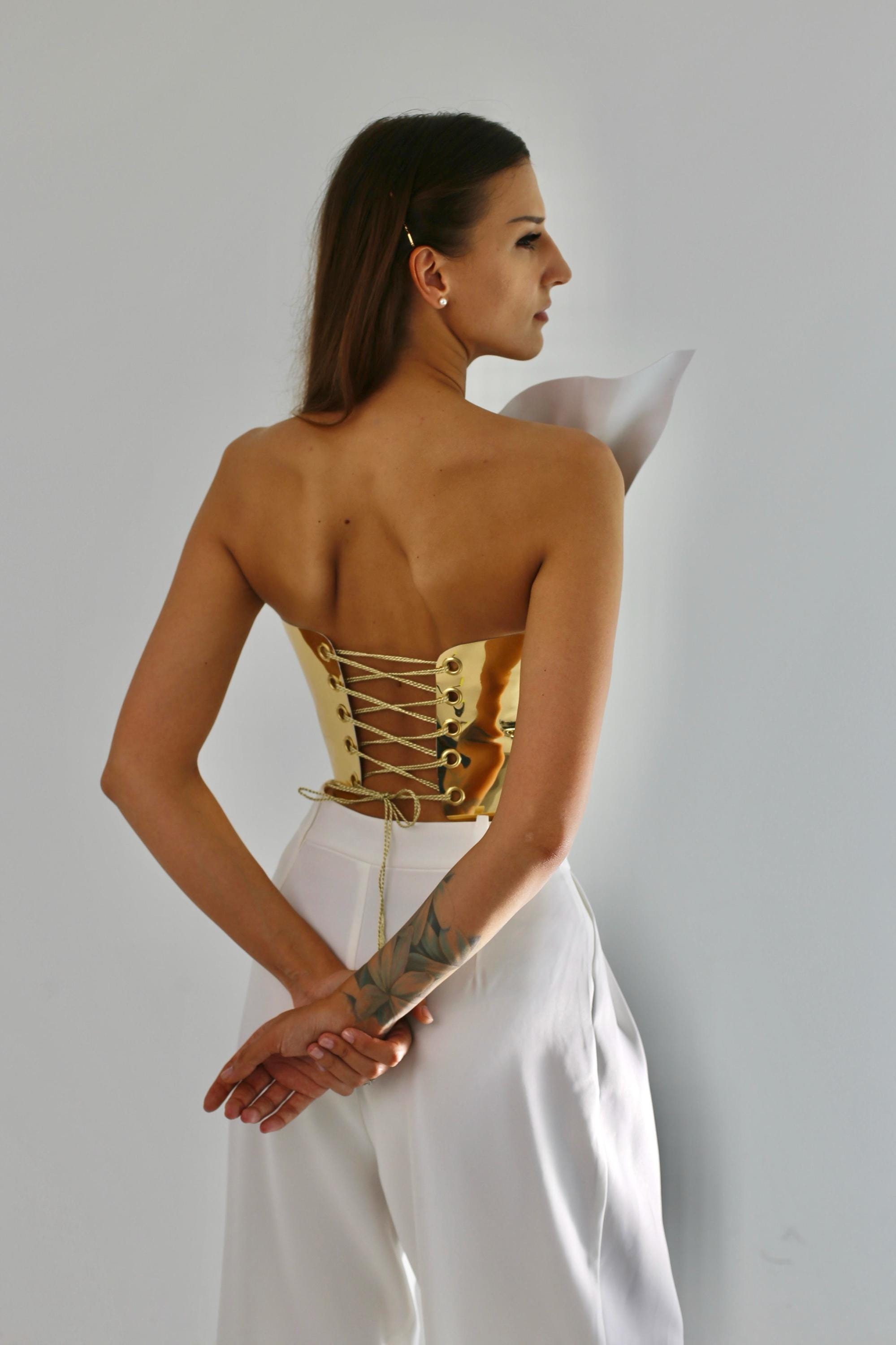6ロクGOLD BUSTIER Gold Overbust Armor Corset, Goddess Metallic Corset