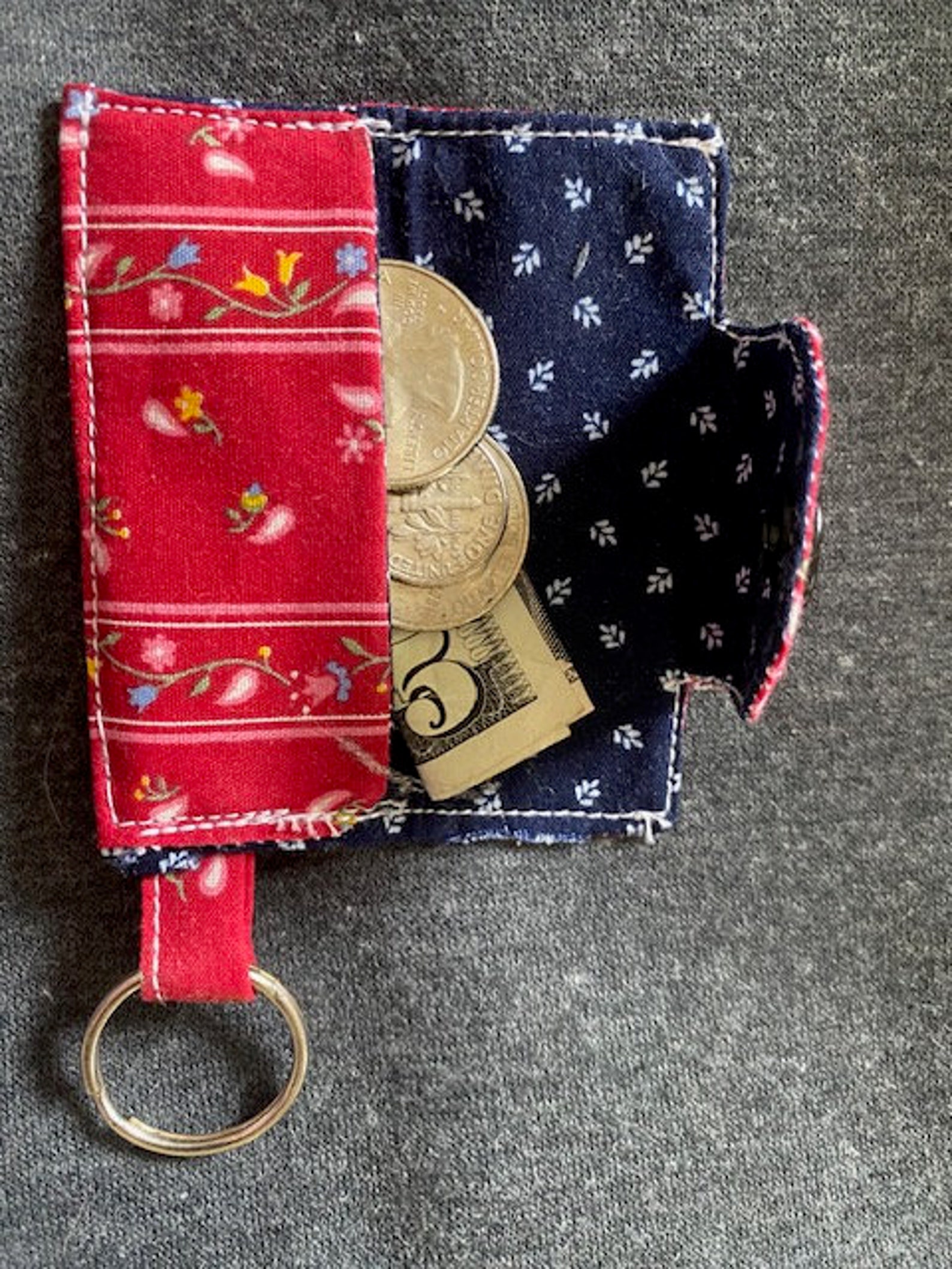 Mini-wallet Keychain - Red Floral, Vintage Fabric - Etsy