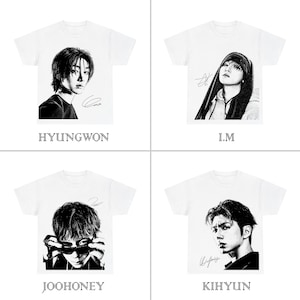 May include: Four white t-shirts featuring black and white portrait illustrations of individuals. Each shirt displays a unique signature. The names Hyungwon, I.M, Joohoney, and Kihyun are printed below their respective shirts in a stylized font.