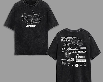 Camiseta Mineral Wash con la lista de canciones de Ateez Golden Hour (Parte 4), camiseta Deep In My Heart (Deep In My Soul) de Ateez, camiseta In Your Fantasy de la gira mundial 2025 de Ateez