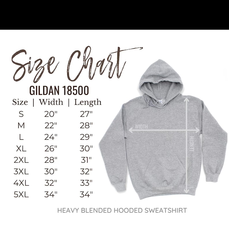Puede incluir: Una sudadera con capucha gris claro, de mezcla pesada, con una tabla de tallas. La tabla muestra las medidas de ancho y largo en cent&iacute;metros para las tallas S a 5XL. El texto "Size Chart" est&aacute; en una fuente cursiva.