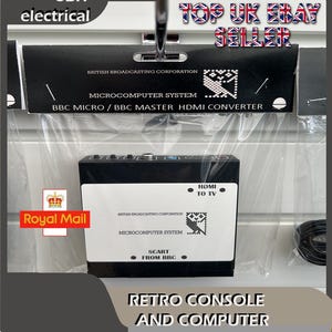 May include: A black HDMI converter for BBC Micro/BBC Master microcomputer systems. The device is labeled with the text "HDMI to TV" and "SCART from BBC". The packaging includes the text "Retro Console and Computer".