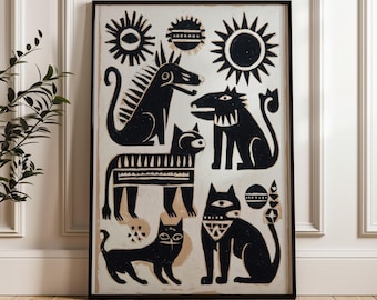 Traditional Mexican Animals Poster - Black and Gold Folk Art Print, Digital Download
