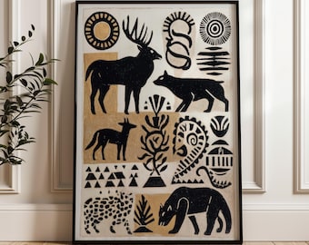 Traditional Mexican Animals Poster - Black and Gold Folk Art Print, Digital Download
