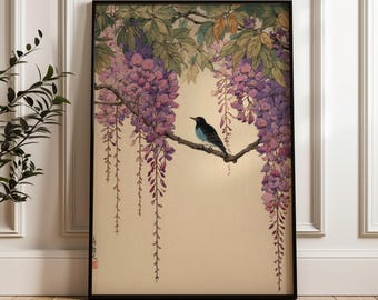Wisteria Flower And Bird, Japanese Traditional Style, Digital Poster Download