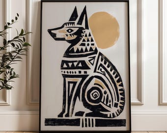 Traditional Mexican Dog Poster - Black and Gold Folk Art Print, Geometric Abstract, Digital Download