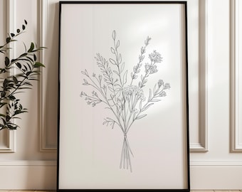 Botanische poster met één regel, minimalistische bloemenkunstprint, zwart-witte bloemenmuurdecoratie, moderne huisdecoratie, bloemenkunstprint