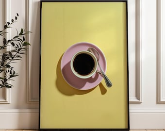 Pink Coffee Cup Wall Print - Bright Yellow Background, Digital Download