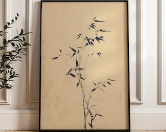 May include: A framed art print featuring a minimalist bamboo illustration. The artwork showcases dark blue bamboo stalks and leaves against a beige background. The print is encased in a black frame, suitable for home decor.