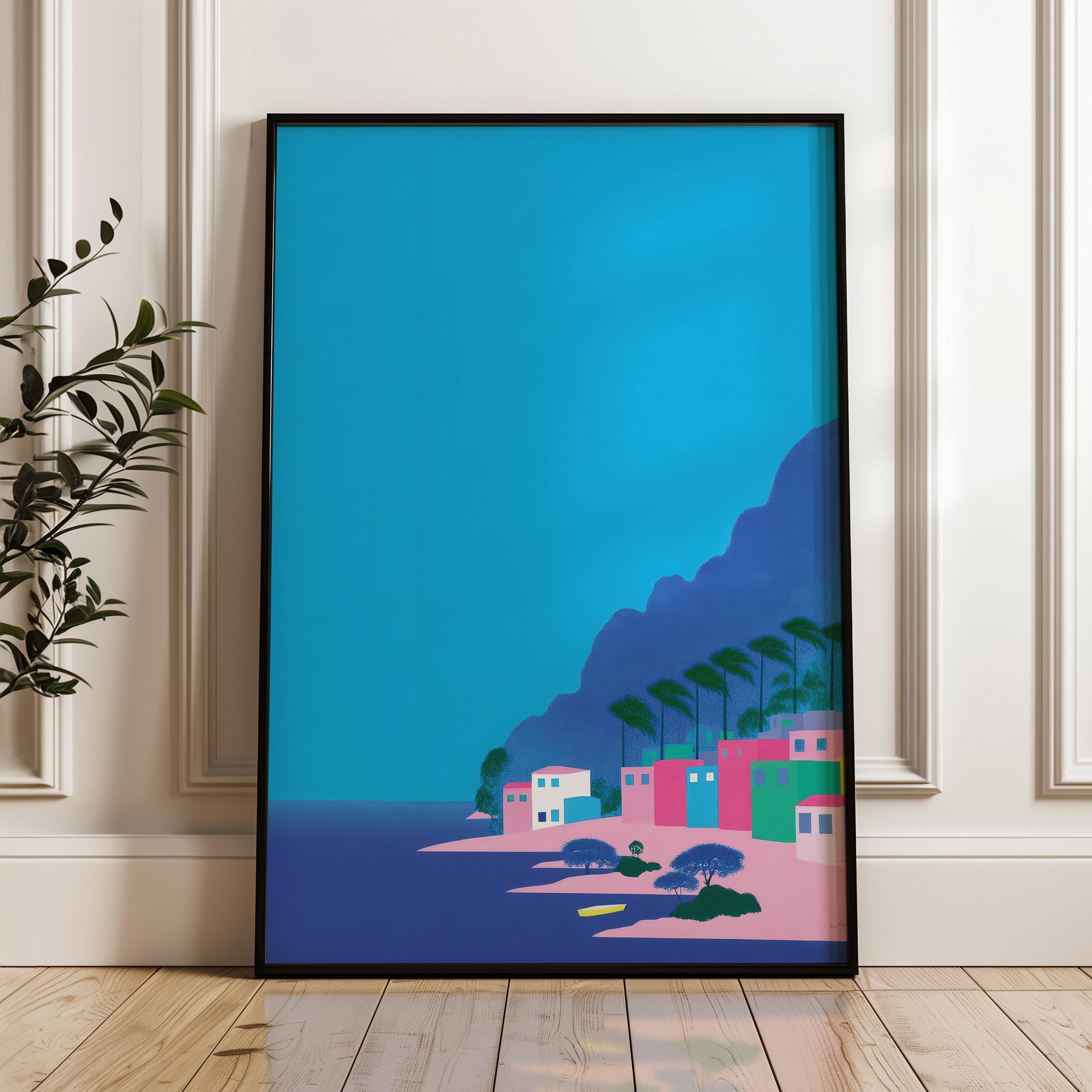 Minimal Coastal Art Print, Modern Landscape Pop Art Poster, Blue