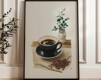 May include: Watercolor print of a black coffee cup and saucer, with coffee beans on a spoon. A small glass jar with green sprigs sits next to the cup. The artwork is framed in a black frame.
