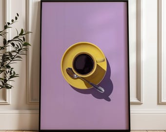 Coffee Cup Wall Decor: Yellow and Purple Poster, Kitchen Print, Digital Download