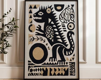 Traditional Mexican Animal Poster - Black and Gold Folk Art Print, Digital Download