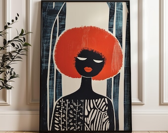 Può includere: Un'illustrazione digitale di una persona con un grande afro arancione brillante. La persona ha la pelle nera e indossa una camicia con un motivo bianco e nero. Lo sfondo è blu scuro con linee verticali.