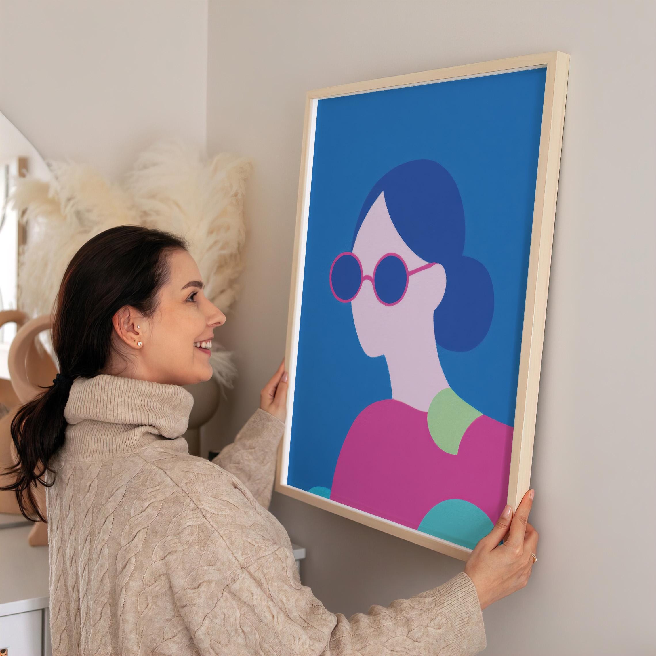 Minimal Woman Art Print, Modern Pop Art Poster, Blue and Pink Wall