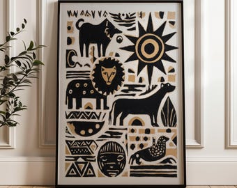 Traditional Mexican Animals Poster - Black and Gold Folk Art Print, Digital Download