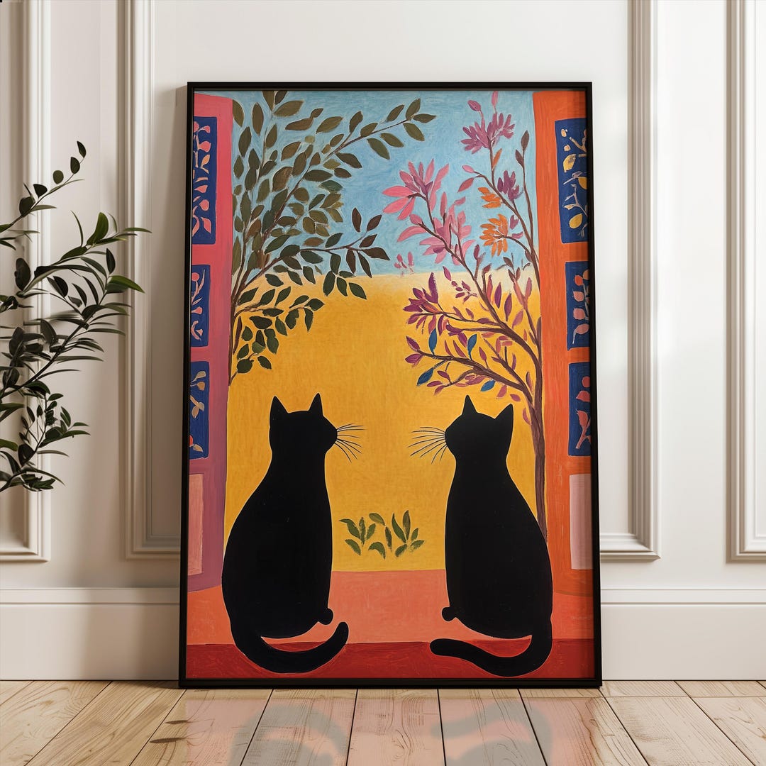 Giosve Quadro Con Gatto Nero Tropicale 30,5x40,6 Cm - Poster Su Tela Con Cornice In Legno, Arte Moderna Da Parete - 2