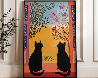 May include: Two black cats facing each other in a colorful, abstract painting. The cats are silhouetted against a yellow background with a blue sky and pink flowers.