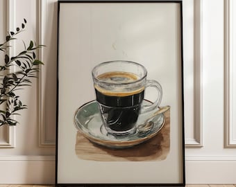 May include: Watercolor print of a cup of coffee on a saucer with a spoon. The coffee is dark, and steam rises from the cup. The saucer is light green with a gold rim, and the background is a neutral color.