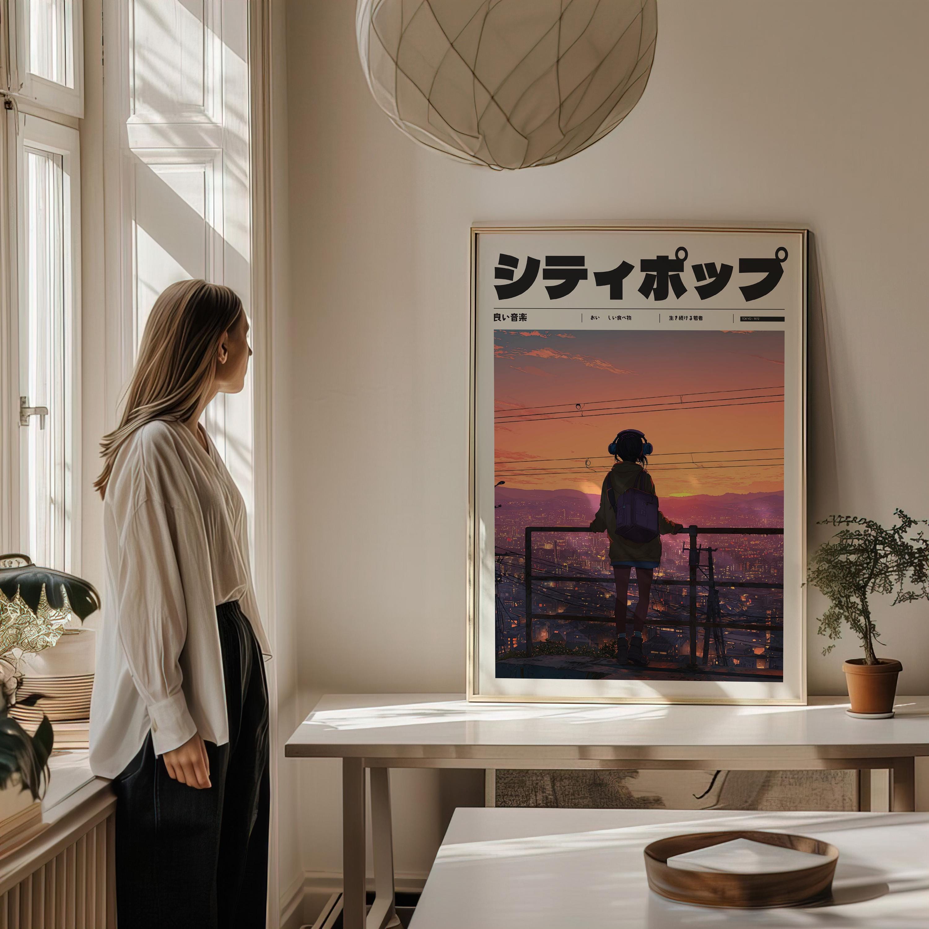 90年代ヴェイパーウェイヴアニメガールポスター、レトロな日本のY2K