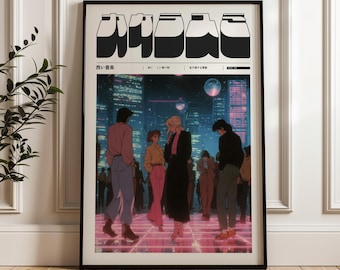 May include: Black framed art print featuring an anime-style illustration of a futuristic cityscape with figures in the foreground. The artwork has a neon pink and blue color scheme. The top of the print has jar-like shapes and Japanese text.