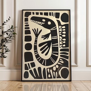 Puede incluir: Impresión de arte abstracto en blanco y negro con un cocodrilo estilizado sobre un fondo con patrón geométrico.