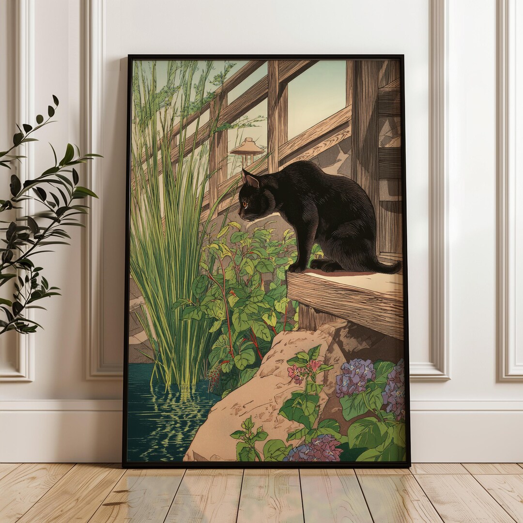 Japanese Black Cat Poster, Vintage Japan Art Print, Oriental Wall Art ...