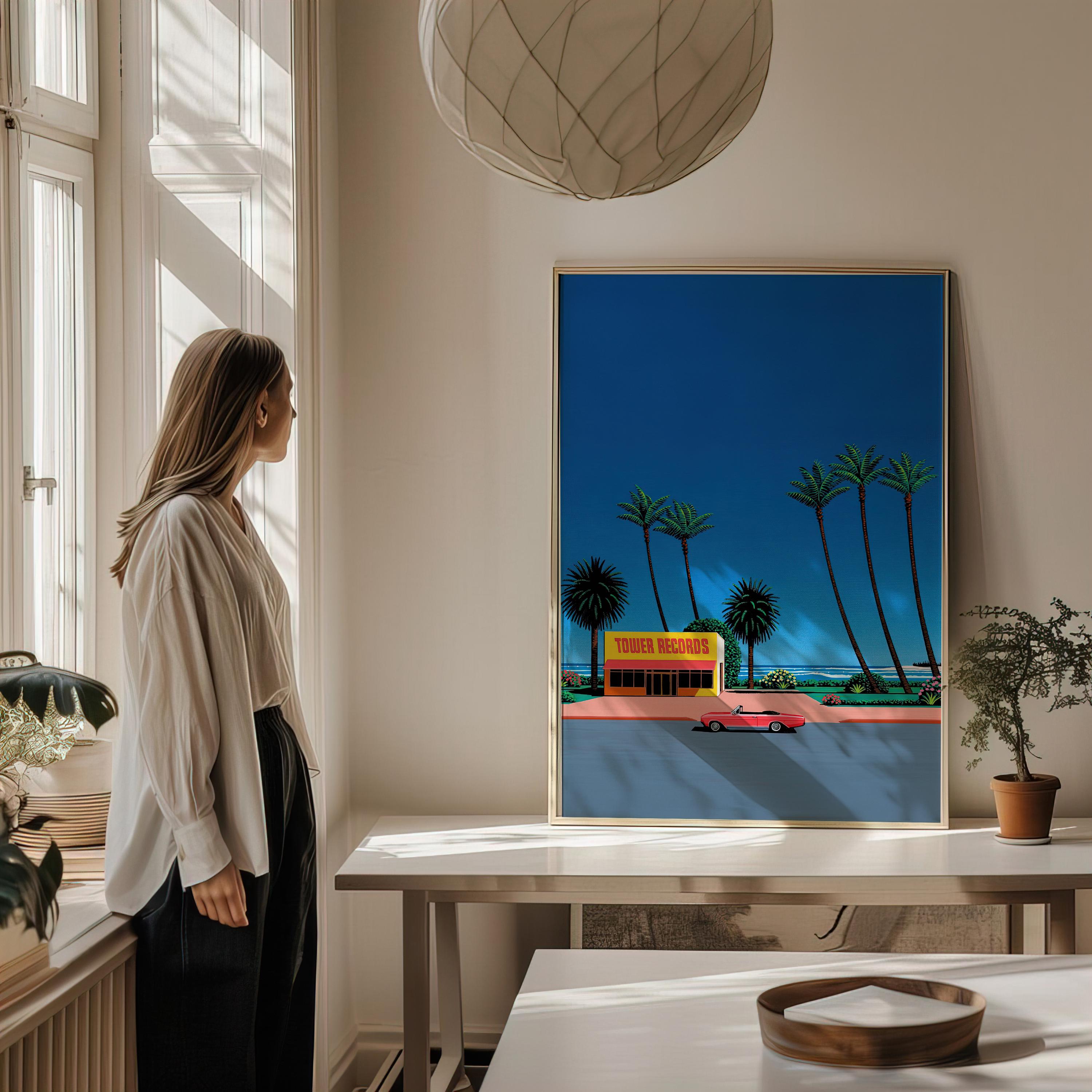Tower Records With Palm Trees, Japanese City Pop, Digital Poster